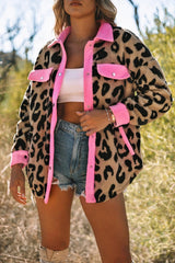 Leopard Contrast Teddy Shacket with Pockets - Flyclothing LLC