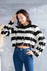 Striped Fringe Round Neck Sweater - Flyclothing LLC