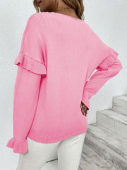 Ruffled V-Neck Dropped Shoulder Sweater - Flyclothing LLC