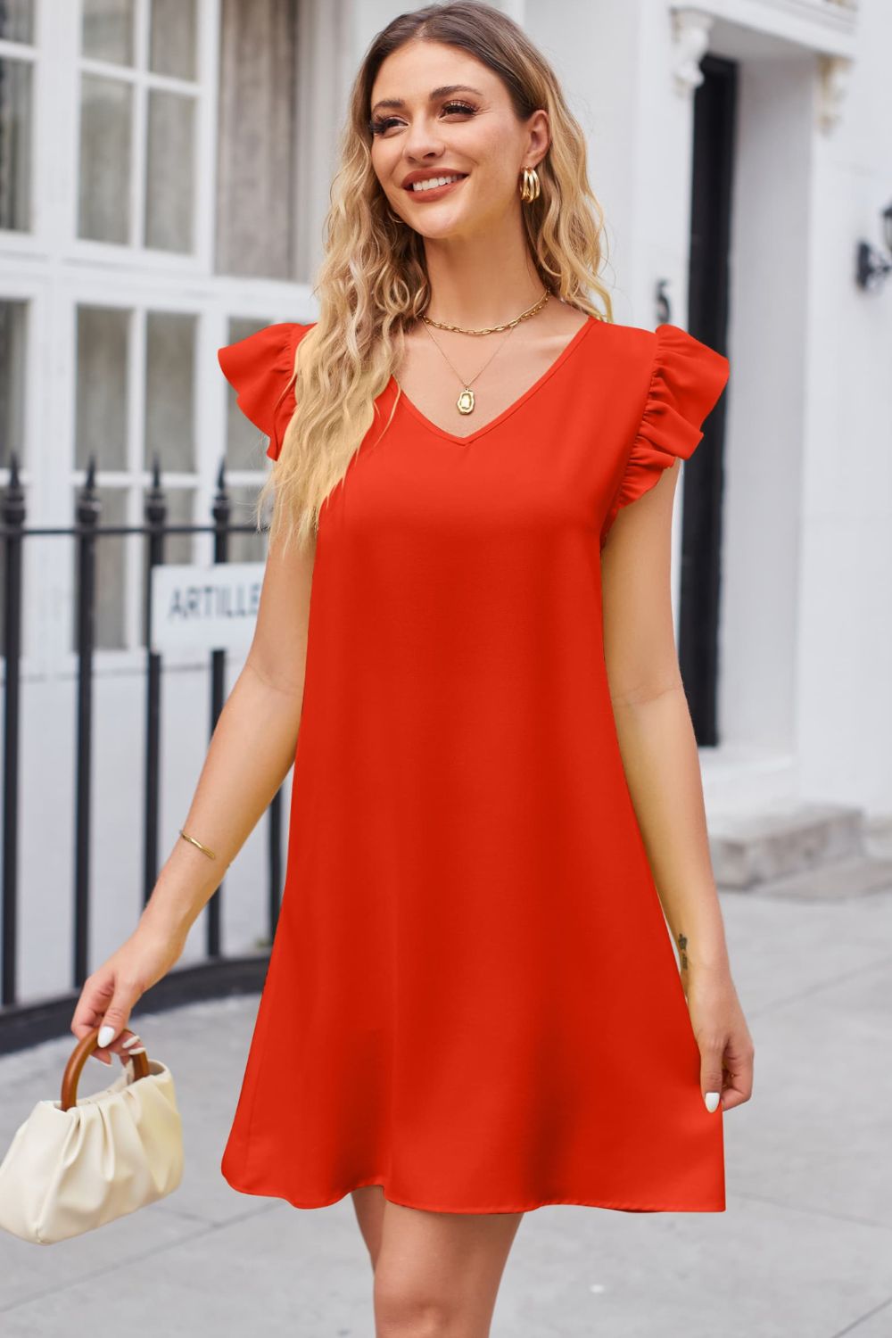 Ruffled V-Neck Flutter Sleeve Dress - Flyclothing LLC