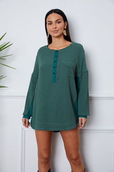 Half Button Up Round Neck Blouse - Flyclothing LLC