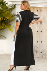 Plus Size Striped Color Block Round Neck Dress - Flyclothing LLC