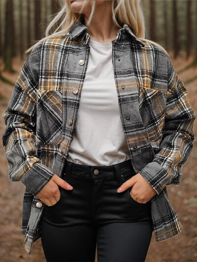 Plaid Snap Down Long Sleeve Shacket - Flyclothing LLC