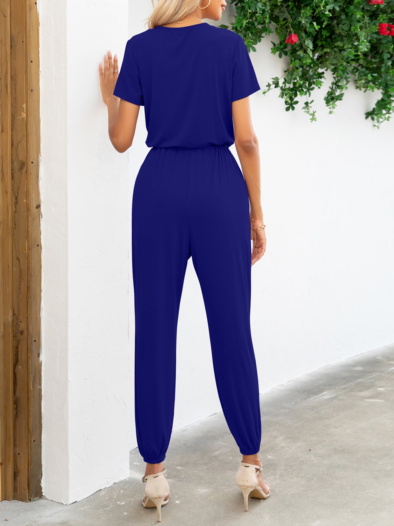 Short Sleeve V-Neck Jumpsuit with Pockets - Flyclothing LLC