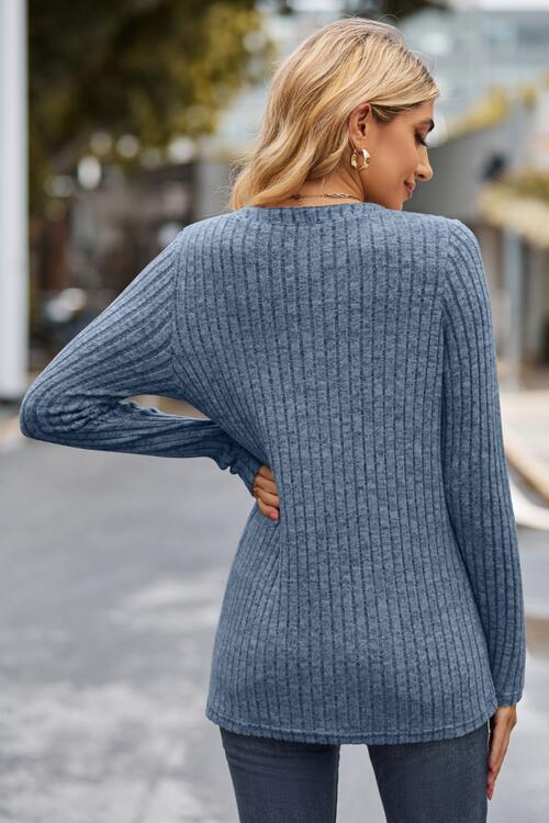 Ribbed Half Button Long Sleeve Knit Top - Trendsi