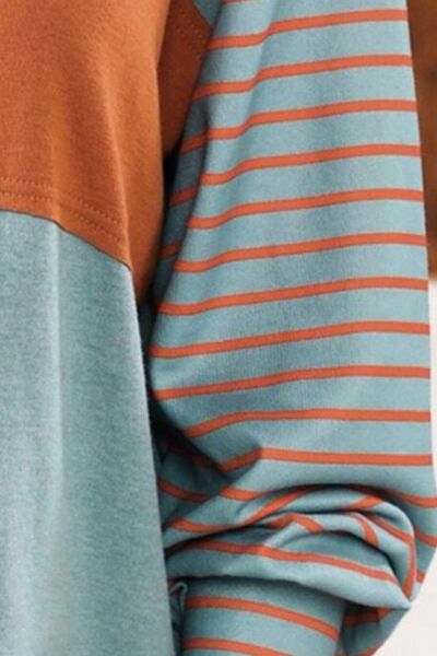 Round Neck Striped Long Sleeve Slit T-Shirt - Flyclothing LLC