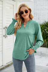 Heathered Flounce Sleeve Curved Hem Top - Trendsi