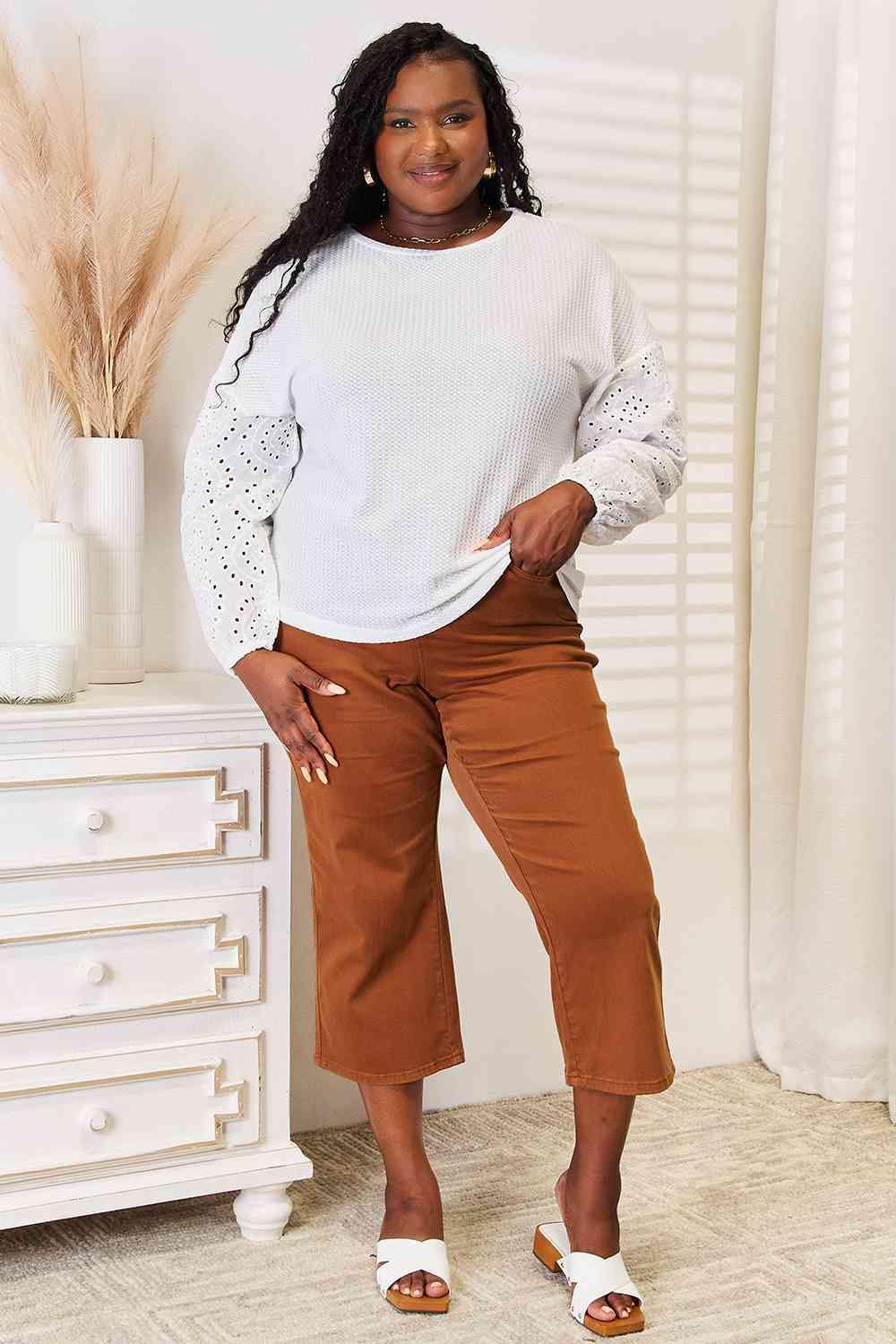 Double Take Eyelet Dropped Shoulder Round Neck Blouse - Flyclothing LLC