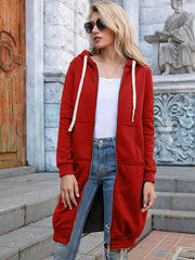 Full Size Zip-Up Longline Hoodie with Pockets - Trendsi