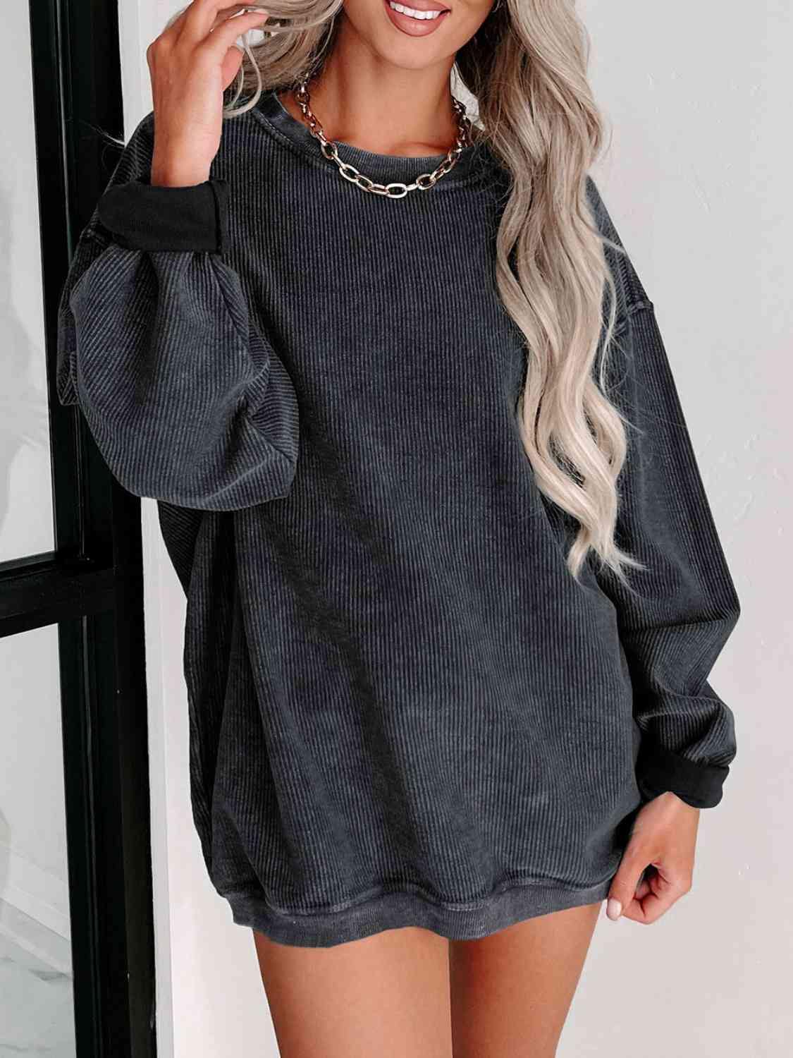 Round Neck Dropped Shoulder Sweatshirt - Trendsi