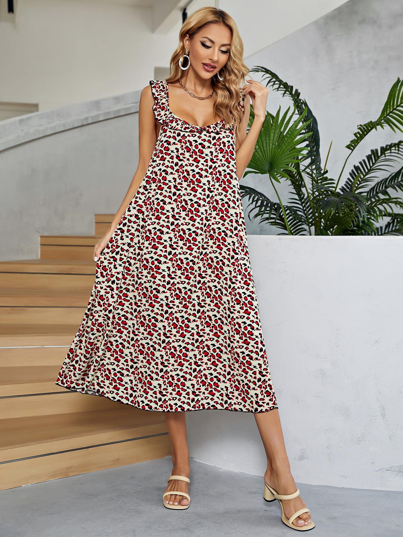 Printed Ruffled Sleeveless Midi Dress - Flyclothing LLC