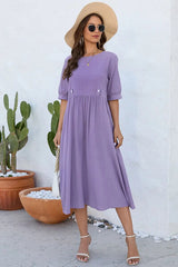 Decorative Button Round Neck Half Sleeve Dress - Flyclothing LLC