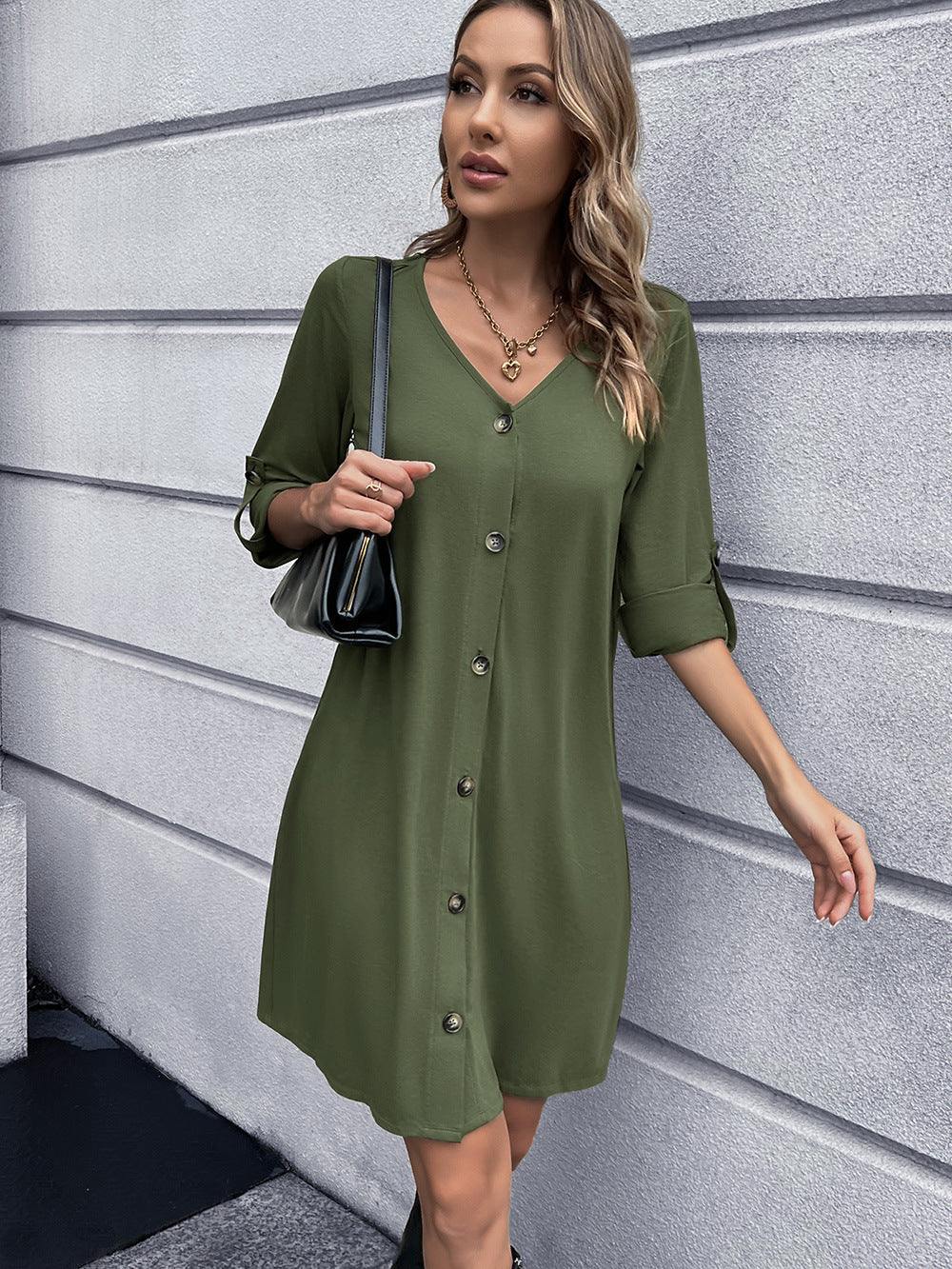 Button Down V-Neck Mini Dress - Flyclothing LLC