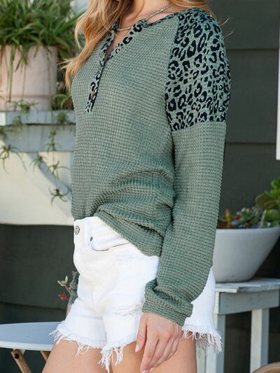 Leopard Notched Raglan Sleeve Knit Top - Flyclothing LLC