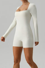 Square Neck Long Sleeve Active Romper - Flyclothing LLC