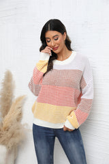 Waffle-Knit Round Neck Dropped Shoulder Color Block Sweater - Flyclothing LLC