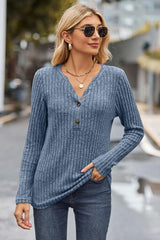 Ribbed Half Button Long Sleeve Knit Top - Trendsi