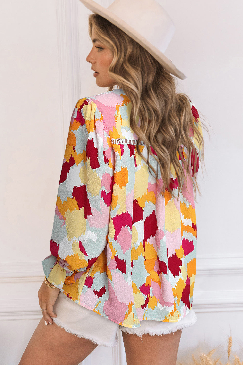 Printed Flounce Sleeve Buttoned Blouse - Flyclothing LLC