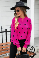 Polka Dot Round Neck Dropped Shoulder Sweater - Flyclothing LLC