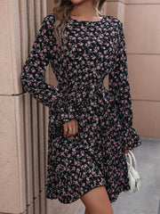 Floral Tie Front Long Sleeve Dress - Flyclothing LLC