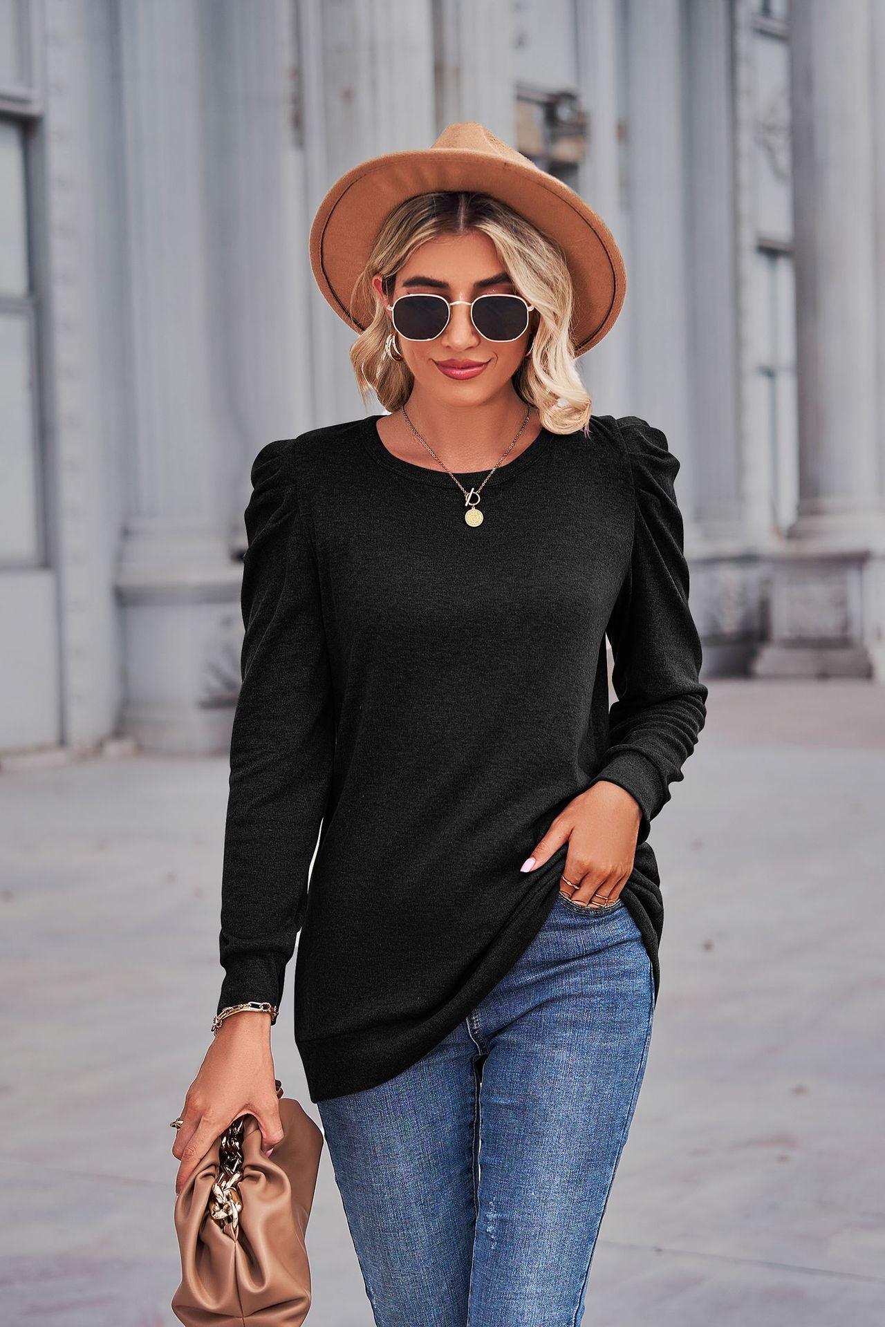 Heathered Puff Sleeve Round Neck Tunic Top - Trendsi