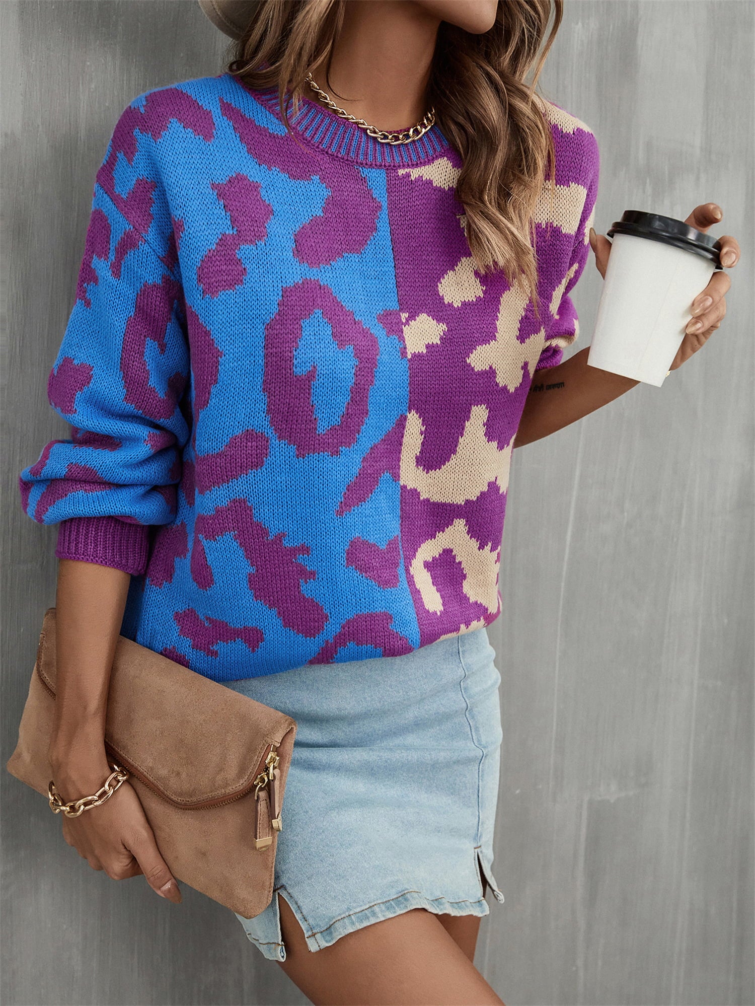 Round Neck Contrast Color Dropped Shoulder Sweater - Trendsi