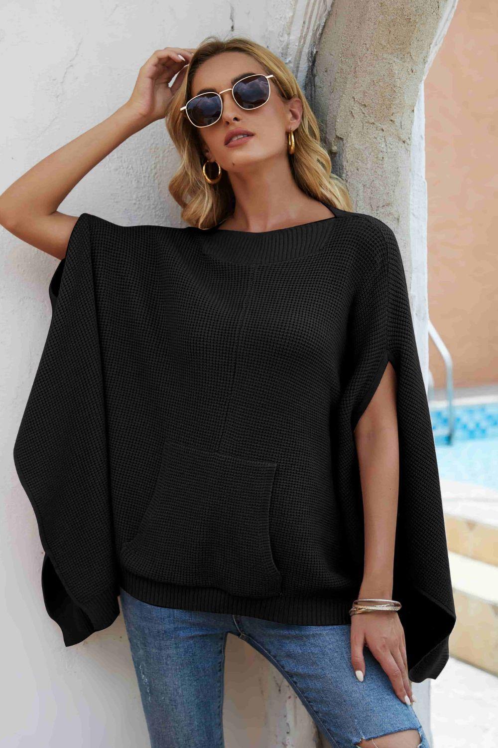 Waffle-Knit Cloak Sleeve Pocket Sweater - Flyclothing LLC