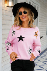 Star Pattern Round Neck Dropped Shoulder Sweater - Flyclothing LLC