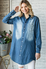 Veveret Pocketed Button Up Washed Denim Shirt - Flyclothing LLC