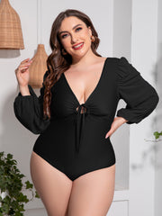 Plus Size Tied Deep V Balloon Sleeve One-Piece Swimsuit - Flyclothing LLC