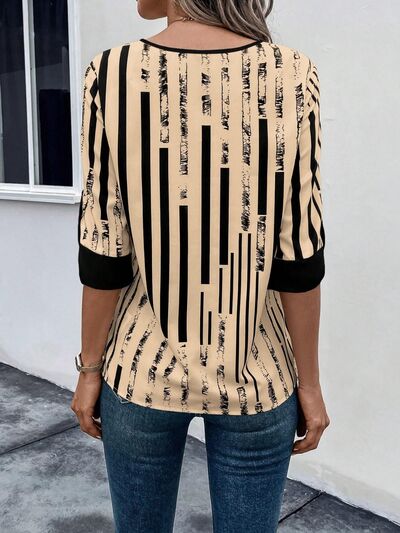 Striped Notched Half Sleeve Blouse - Flyclothing LLC