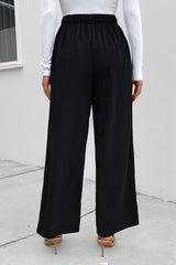 High Waist Ruched Tie Front Wide Leg Pants - Flyclothing LLC