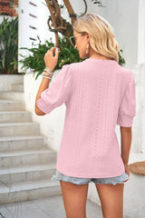 Openwork Round Neck Short Sleeve Blouse - Flyclothing LLC