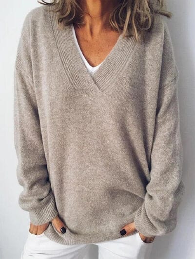 V-Neck Dropped Shoulder Sweater - Trendsi