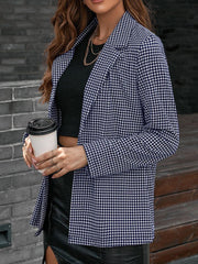 Houndstooth Lapel Collar Long Sleeve Blazer - Trendsi