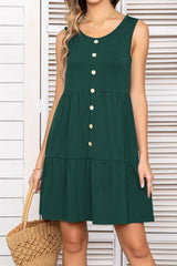 Decorative Button Scoop Neck Sleeveless Tiered Dress - Flyclothing LLC