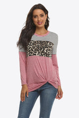 Mixed Print Gathered Detail Long Sleeve Top - Flyclothing LLC