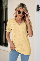 Eyelet Flounce Sleeve Scalloped V-Neck Top - Flyclothing LLC