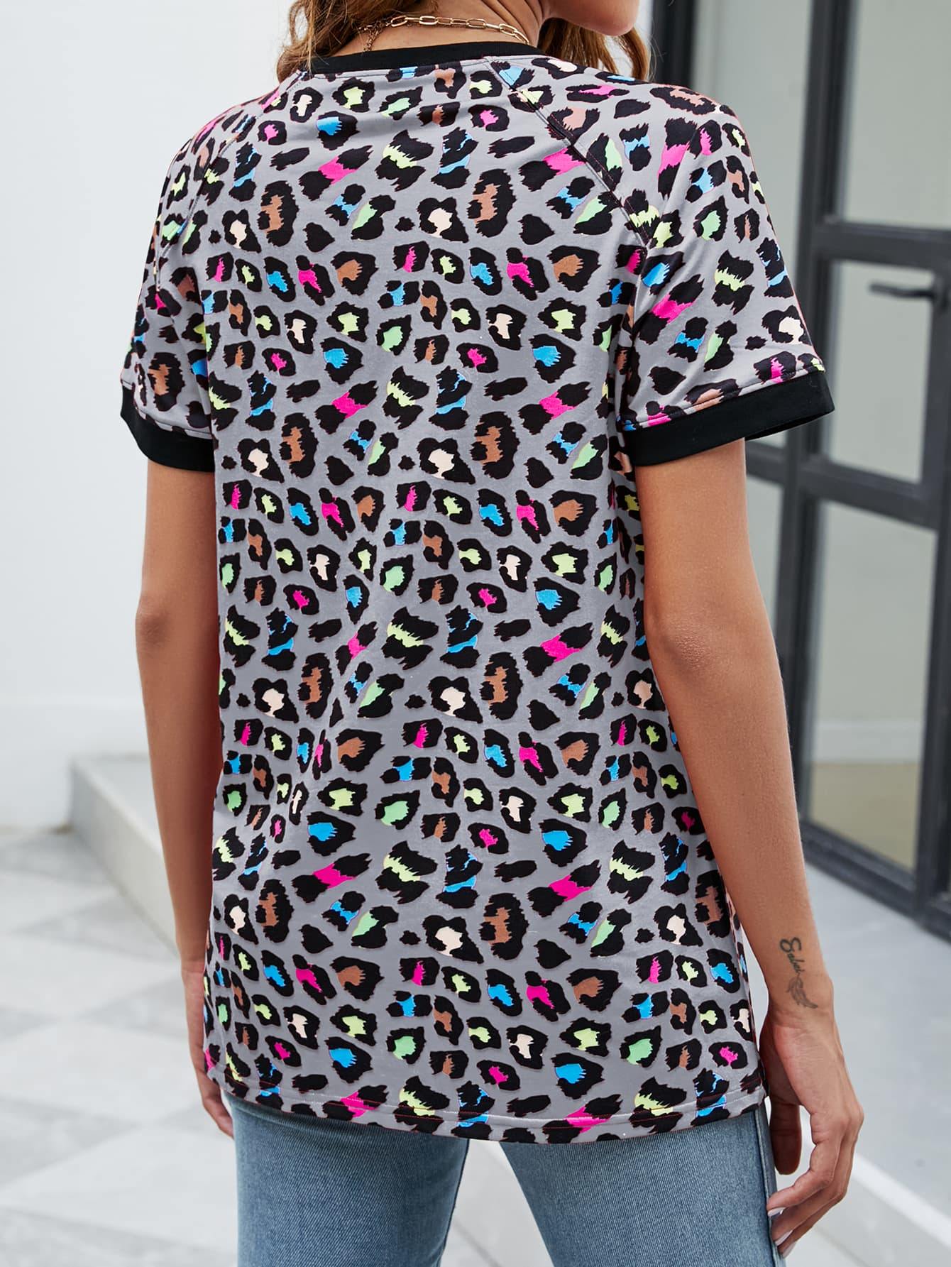 Leopard Round Neck Short Sleeve Tee Shirt - Trendsi