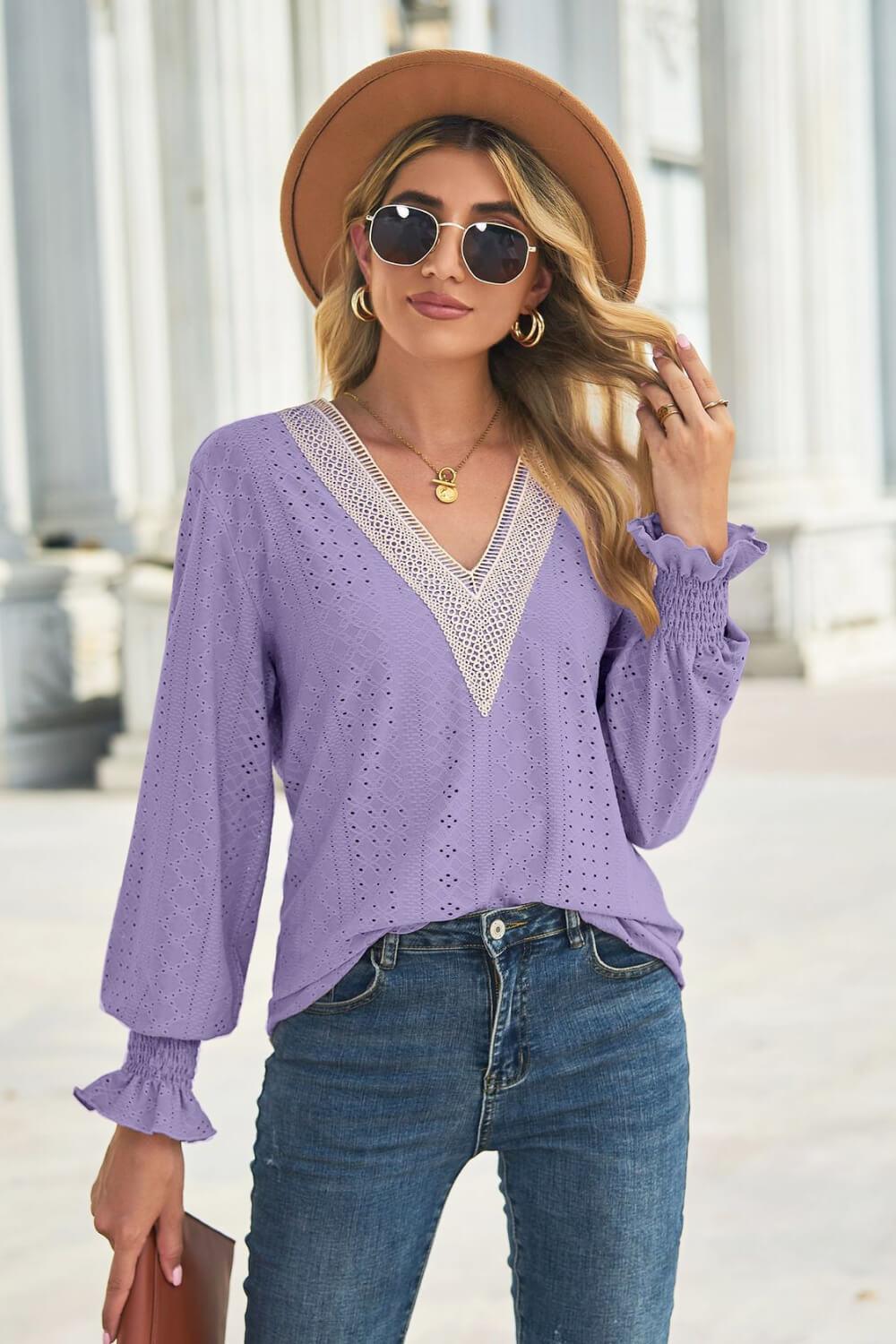 Contrast V-Neck Flounce Sleeve Top - Trendsi