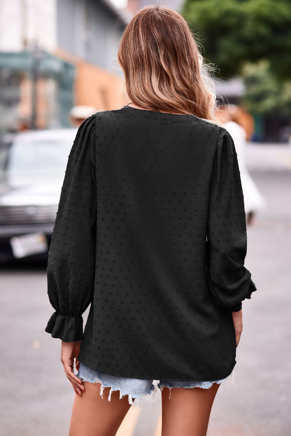 Swiss Dot Notched Neck Flounce Sleeve Blouse - Flyclothing LLC