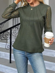 Waffle-Knit Round Neck Long Sleeve Blouse - Flyclothing LLC