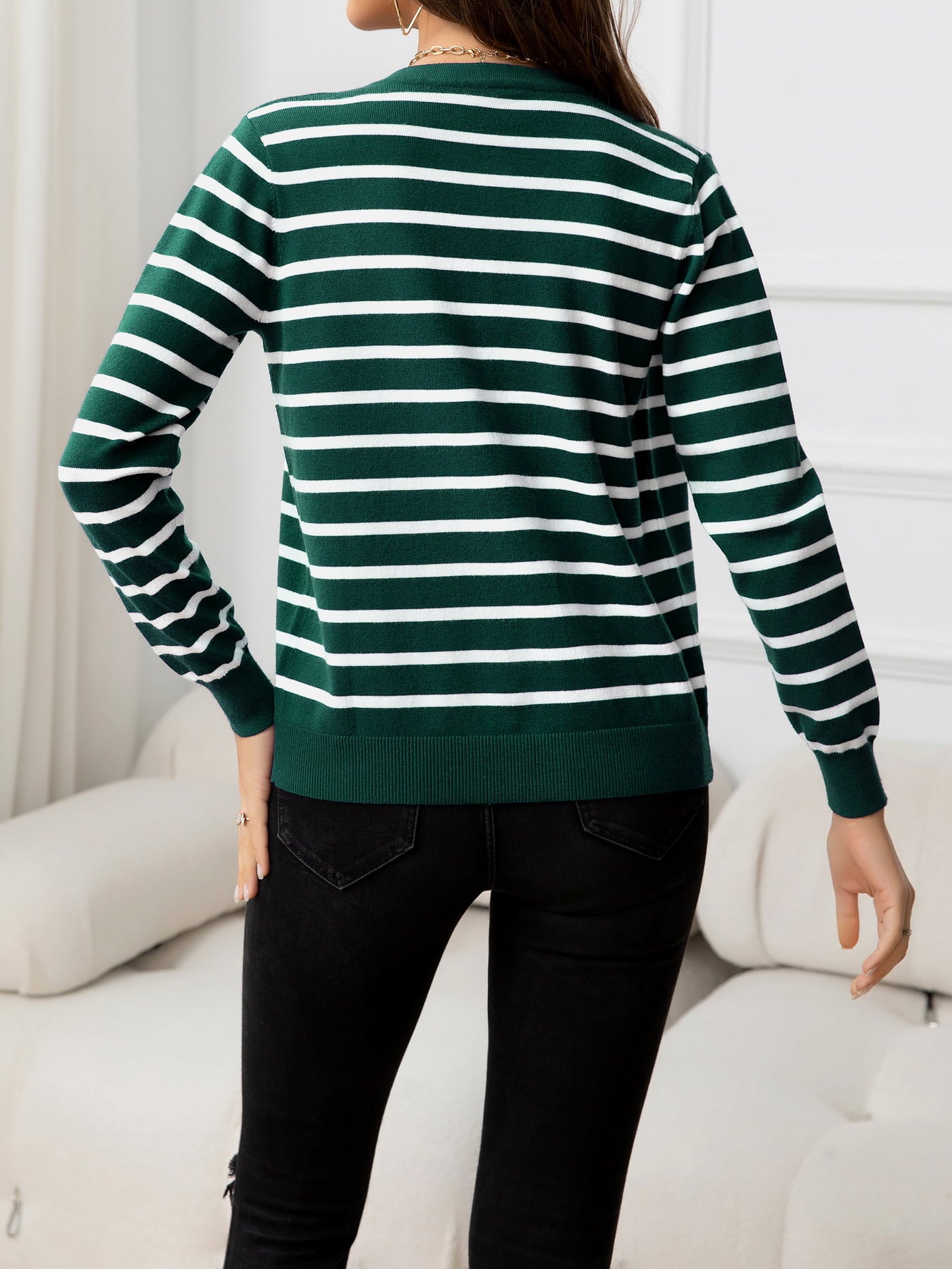 Striped Round Neck Long Sleeve Buttoned Knit Top - Flyclothing LLC