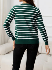 Striped Round Neck Long Sleeve Buttoned Knit Top - Flyclothing LLC