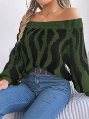 Off-Shoulder Animal Print Long Sleeve Sweater - Flyclothing LLC