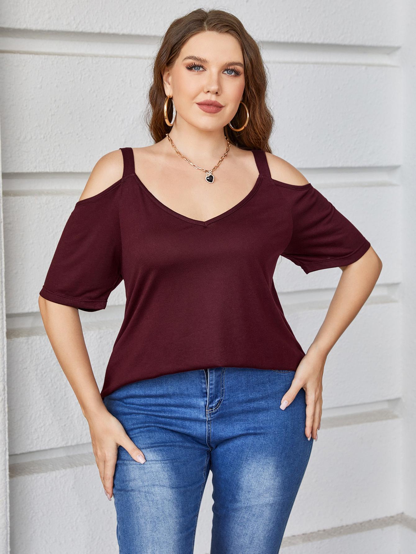 Plus Size V-Neck Cold-Shoulder Blouse - Flyclothing LLC