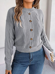 Cable-Knit Buttoned Round Neck Sweater - Flyclothing LLC