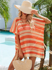 Tassel Openwork Striped V-Neck Cover Up - Flyclothing LLC