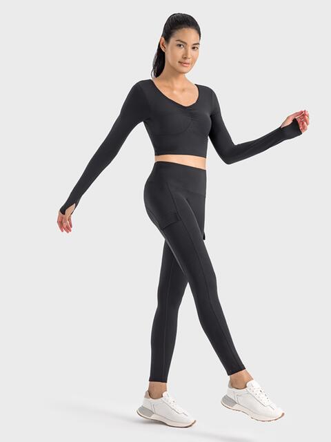 Long Sleeve Ruched Bra, Black Sports Crop Top