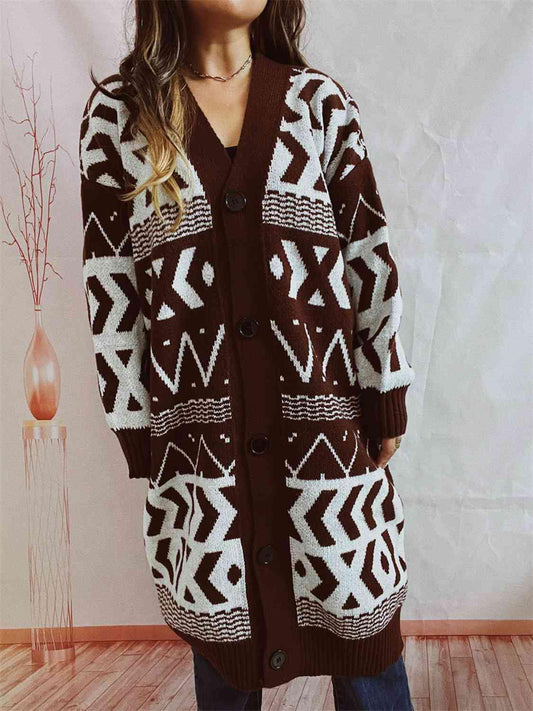 Geometric Button Front Longline Cardigan - Flyclothing LLC